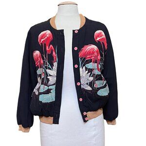 Vtg California 4-U Flamingo Print Bomber Jacket Cotton Boho Indie Retro Sz Small